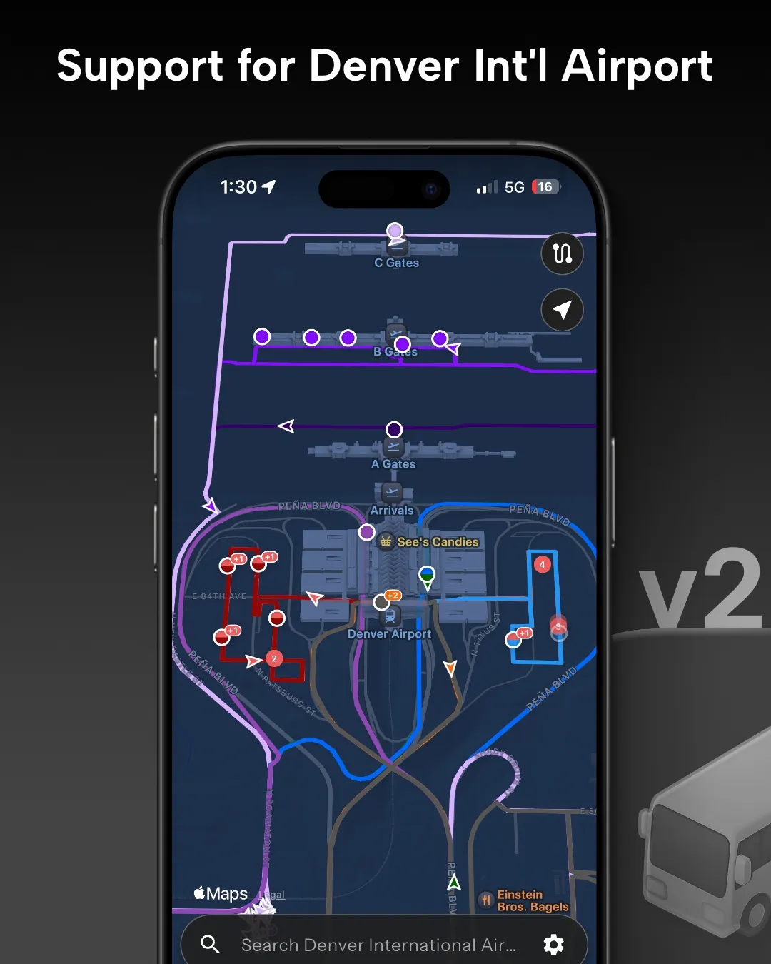 Denver Int'l Airport transit tracker map in Destination Transit app