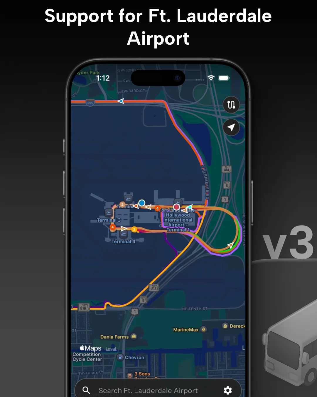 Ft. Lauderdale Int'l Airport transit tracker map in Destination Transit app
