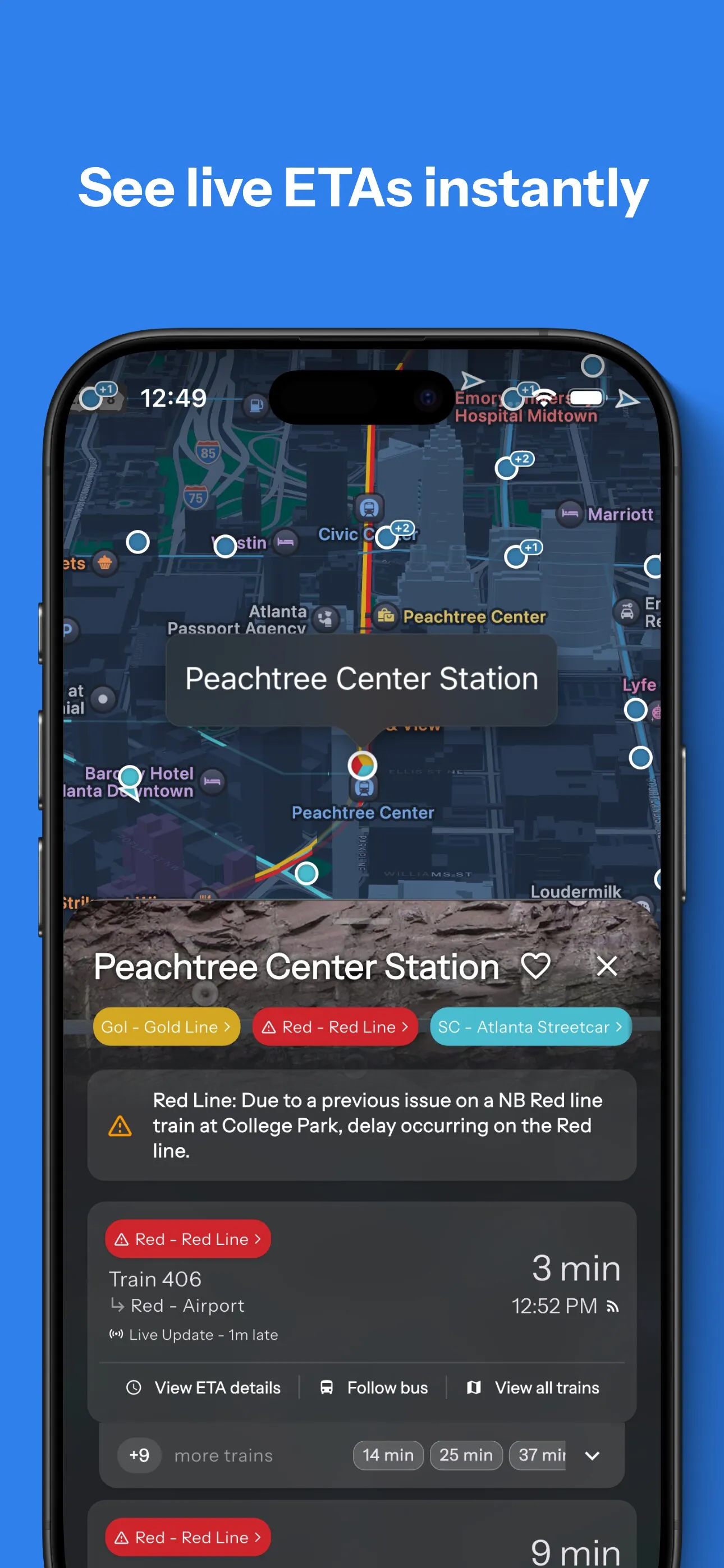 App Store screenshot showing real-time bus ETAs in Destination Transit