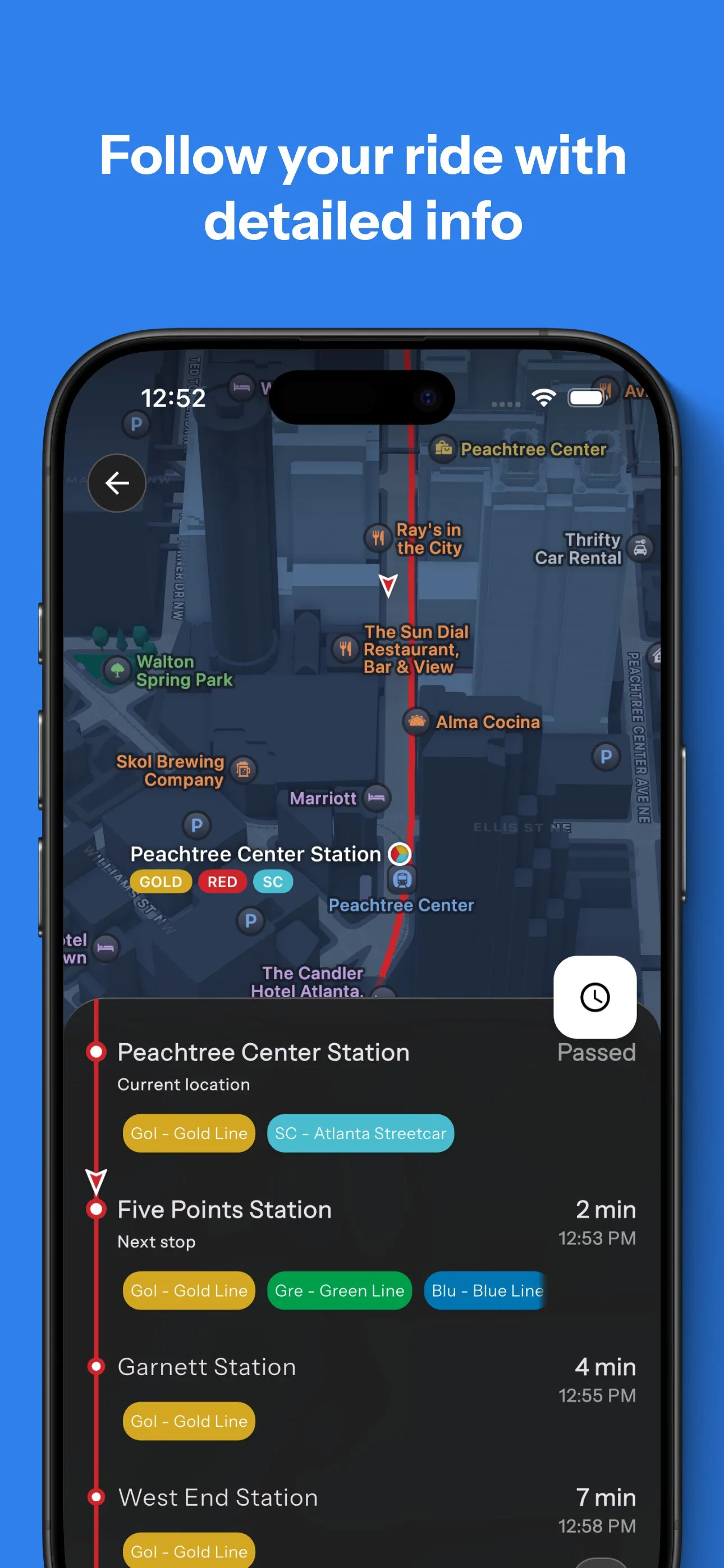 App Store screenshot showing the bus follow feature in Destination Transit