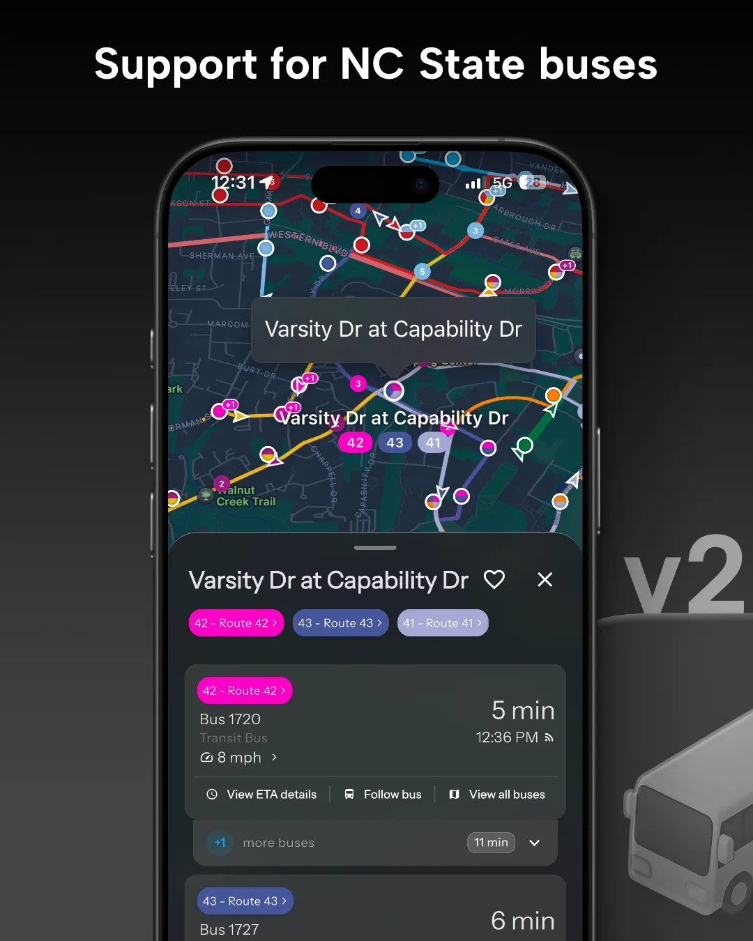 UNC transit tracker map in Destination Transit app