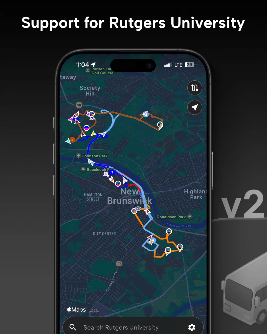 Rutgers University transit tracker map in Destination Transit app